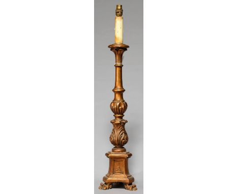 A GILTWOOD TABLE LAMP IN THE FORM OF A BAROQUE ALTER CANDLESTICK, MID 20TH C Much old accretion of dust and dirt, slight wear