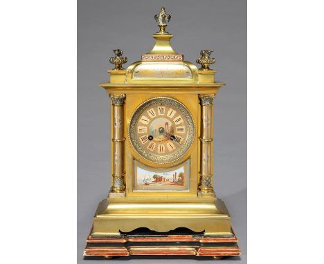 A FRENCH ARCHITECTURAL SILVERED AND PATINATED BRASS MANTLE CLOCK, C1890, THE EARTHENWARE DIAL AND PANEL PAINTED WITH CLASSICA