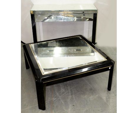 A STYLISH MIRROR GLASS AND BLACK PAINTED WOOD SIDE TABLE,&nbsp;82CM H; 101 X 38CM AND A SIMILAR COFFEE TABLE, 20TH C, 43CM H;