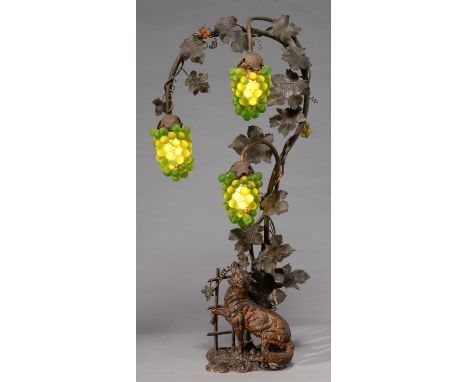 A BRONZED METAL AND GREEN AND AMBER GLASS AESOP'S 'FOX AND GRAPES' FABLE ELECTRIC LAMP, C1920, FOX SET ON A RUSTIC BASE BEFOR