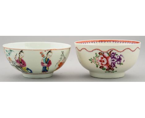 TWO WORCESTER FAMILLE ROSE CHINOISERIE SUGAR BOWLS, C1770-80, 12CM DIAM Figure decorated bowl - neatly repaired crack and lig