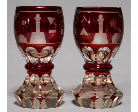 TWO BOHEMIAN RUBY FLASHED GLASS GOBLETS, MID 19TH C, THE OVOID BOWL WHEEL ENGRAVED WITH MASONIC EMBLEMS, THE RUDIMENTARY STEM