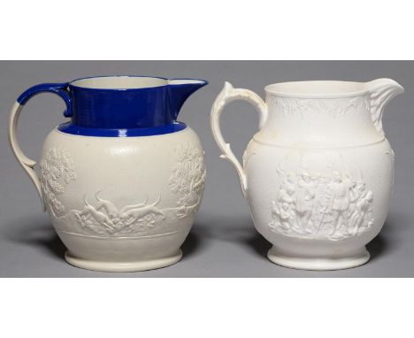 A SPODE FELSPATHIC STONEWARE HUNTING JUG, C1810, THE UPPER PART IN VIVID BLUE GLAZE, 20CM H, IMPRESSED MARK AND A COPELAND MO