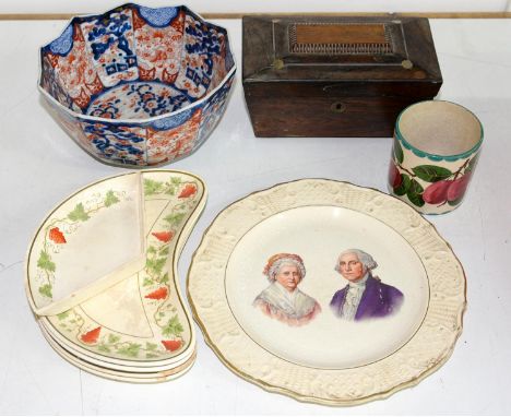 A ROSEWOOD TEA CADDY, WEMYSS WARE POT, GEORGE WASHINGTON PLATE, IMARI BOWL, ETC 