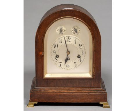 A GERMAN OAK BRACKET CLOCK, C1900, THE SILVERED DIAL WITH SUBSIDIARY CHIME/SILENT AND REGULATION RINGS ABOVE, THE MOVEMENT CH