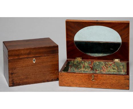 A VICTORIAN MAHOGANY AND LINE INLAID BOX, POSSIBLY AN ARTIST'S BOX, GUTTED, NOW WITH A MIRROR TO THE UNDERSIDE OF THE LID, 22
