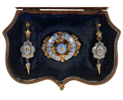 A VICTORIAN GOLD AND LAVENDER BLUE ENAMEL DEMI PARURE, C1870,&nbsp; &nbsp;THE&nbsp; EARRINGS WITH WIRE LOOP, BROOCH WITH LOCK