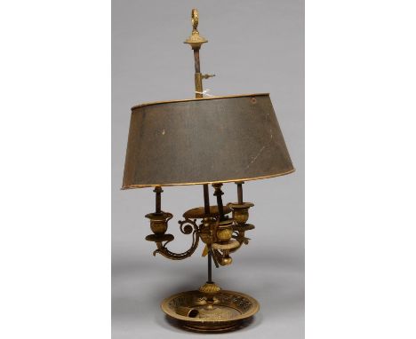 A FRENCH EMPIRE STYLE GILT BRASS BOIULLOTTE LAMP, MID 20TH C, WITH PAINTED SHADE, 60CM H Condition evident from image; requir