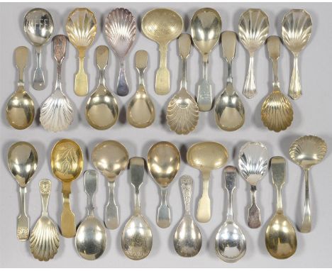 A COLLECTION OF TWENTY SEVEN VICTORIAN AND EARLY 20TH C EPNS CADDY SPOONS AND&nbsp;FIVE PAIRS OF OLD SHEFFIELD PLATE BRIGHT C