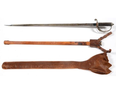 AN 1821 PATTERN ROYAL ARTILLERY OFFICER'S SWORD AND LEATHER COVERED SERVICE SCABBARD, THE ETCHED BLADE WITH GVIR CYPHER AND E