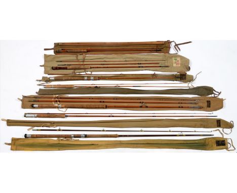 SIX VARIOUS VINTAGE SPLIT CANE FLY FISHING RODS AND ONE HARDY FILALITE FIBREGLASS ROD, FIRST HALF 20TH C, IN CANVAS BAGS LABE