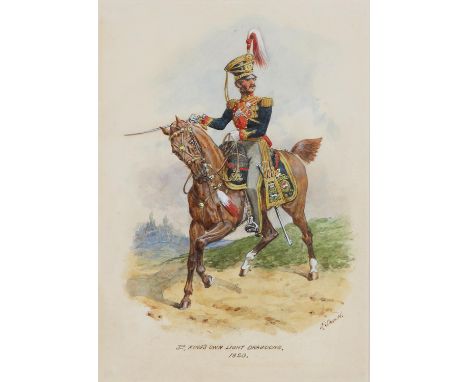 RICHARD SIMKIN (1850-1926) - 3RD (THE KING'S OWN)&nbsp;REGIMENT OF (LIGHT) DRAGOONS, 1820, SIGNED AND INSCRIBED, WATERCOLOUR,