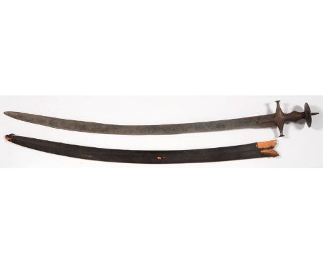 AN INDIAN SWORD, TULWAR, 19TH C, THE STEEL HILT OF TYPICAL FORM, BLADE 84.5CM L AND A CONTEMPORARY LEATHER COVERED SCABBARD (