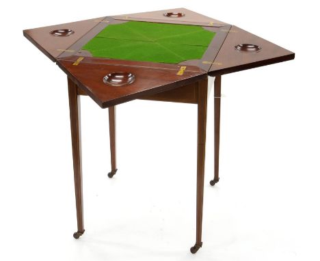 A VICTORIAN MAHOGANY, SATINWOOD AND LINE INLAID&nbsp; CARD TABLE, C1900, WITH 'ENVELOPE' TOP, ON SQUARE TAPERED LEGS AND POTT