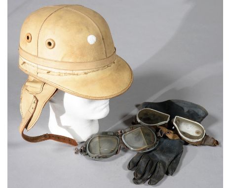 A J COMPTON SONS &amp; WEBB LTD CORKER&nbsp; VINTAGE MOTOR CYCLE HELMET AND TWO PAIRS OF GOGGLES, 1930S All in well used cond