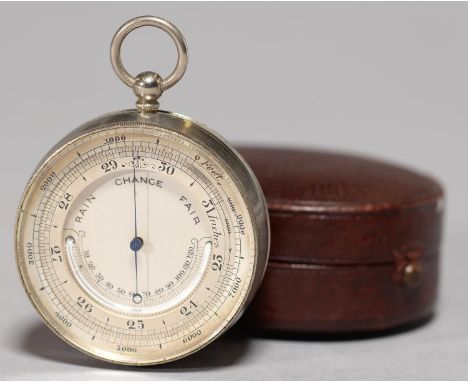 A VICTORIAN SILVER PLATED POCKET BAROMETER, C1900, WITH MERCURY THERMOMETER, MILLED BEZEL, 48MM DIA, MAROON MOROCCO CASE In g