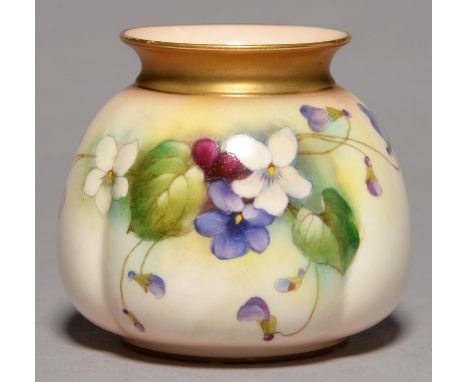 A ROYAL WORCESTER SACK SHAPED VASE, 1912, PRINTED AND PAINTED WITH VIOLETS, 80MM H, PRINTED MARK Good condition