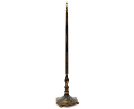 A BLACK CHINOISERIE JAPANNED STANDARD LAMP, C1930, ON HEXAGONAL BASE AND PAW FEET, 160CM H EXCLUDING FITMENTS Lacquer rubbed 