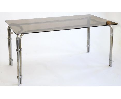 A CHROMIUM PLATED TUBULAR METAL DINING TABLE WITH CINNAMON GLASS TOP, LATE 20TH C, 72CM H; 86 X 153CM Glass top with some min