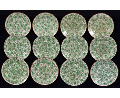 TWO SETS OF FIVE AND SEVEN MATCHING SPODE EARTHENWARE DESSERT PLATES, C1810 AND LATER 19TH C, PRINTED AND PAINTED WITH AN ATT