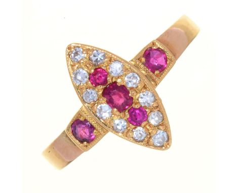 A VICTORIAN RUBY AND DIAMOND NAVETTE CLUSTER RING,&nbsp; WITH RUBY SHOULDERS, IN 15CT GOLD, CHESTER 1883, 2.2G, SIZE P Good c