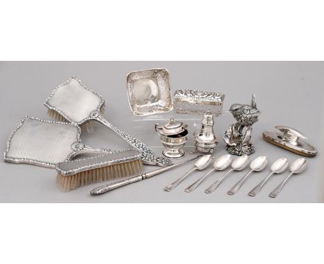 AN ELIZABETH II THREE PIECE SILVER BRUSH SET, BY W G SOTHERS LIMITED, BIRMINGHAM 1955, A CUT GLASS HAIRPIN BOX WITH EMBOSSED 