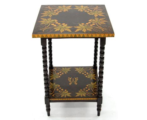 AN UNUSUAL VICTORIAN STAINED WOOD AND&nbsp; PENWORK&nbsp; OCCASIONAL TABLE, C1890, THE SQUARE TOP AND UNDERTIER DECORATED WIT