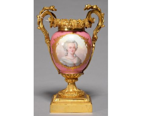 A FRENCH ORMOLU AND SEVRES STYLE PORCELAIN VASE, 19TH C, THE PORCELAIN 18TH C AND REDECORATED, THE MOUNTS IN LOUIS XVI STYLE,