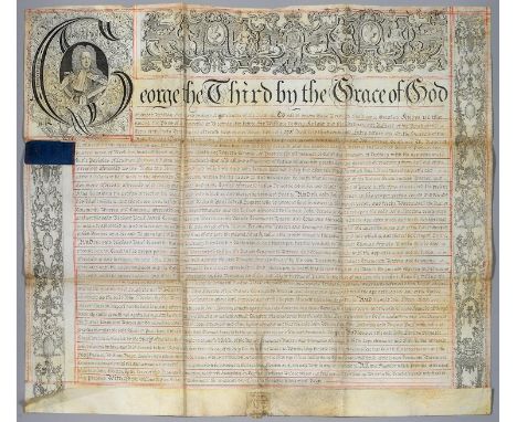 GEORGE III.&nbsp; DOCUMENT, PARTLY PRINTED, 1771, WITH ENGRAVED INITIAL PORTRAIT OF GEORGE III AND BORDER VIGNETTES, PRESENTE