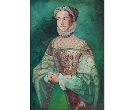 20TH CENTURY SCHOOL - PORTRAIT OF A TUDOR NOBLEWOMAN, OIL ON BOARD, 90 X 66CM Some localised paint shrinkage