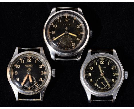 THREE BRITISH MILITARY ISSUE ?DIRTY DOZEN? WRISTWATCHES ? BUREN, CYMA AND TIMOR, 36MM, CASE BACK MARKED BROAD ARROW W.W.W. AN
