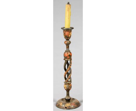 A KASHMIRI POLYCHROME LACQUER HELIX CANDLESTICK, C1900, 50CM H, ADAPTED AS A LAMP AND DRILLED FOR ELECTRICITY Much dust and d
