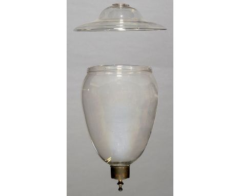 AN ENGLISH GLASS HANGING LAMP, LATE 18TH C, THE VASE SHAPED SHADE WITH FOLDED LIP AND UNSCREWABLE TURNED GILT BRASS CANDLE SO