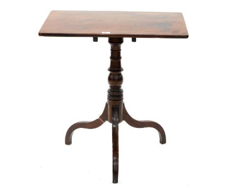 A VICTORIAN MAHOGANY TRIPOD TABLE, MID 19TH C, THE OBLONG TOP ON TURNED PILLAR AND DOWNCURVED LEGS, 74CM H; 69 X 48CM Top sur