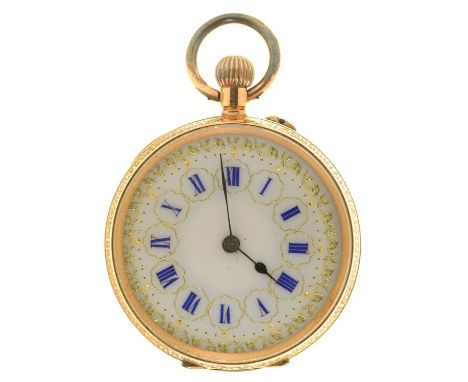 A SWISS GOLD KEYLESS CYLINDER LADY'S WATCH, EARLY 20TH C, WITH ENAMEL DIAL, IN ENGRAVED CASE WITH PLATED CUVETTE, 36MM DIAMET