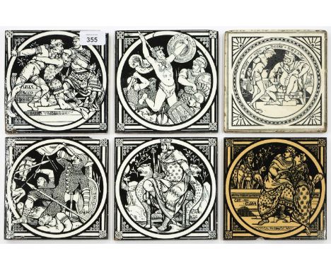 FIVE MINTONS CHINA WORKS,EARLY ENGLISH HISTORY SERIES 6" WALL TILES DESIGNED BY JOHN MOYR SMITH, C1872, ALL DIFFERENT, PRINTE