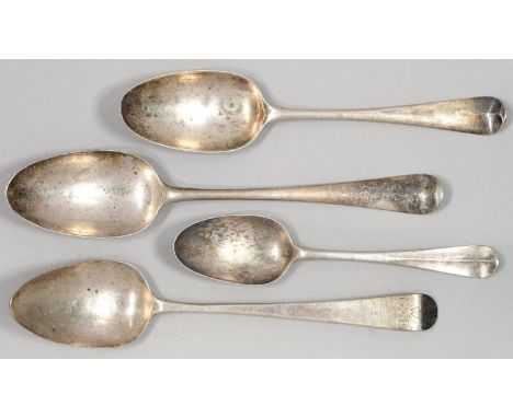 A GEORGE II SILVER SHELL BACK TABLESPOON, MAKER R H, LONDON 1754, TWO OTHER SILVER TABLESPOONS, LONDON 1780 AND 96 AND A GEOR