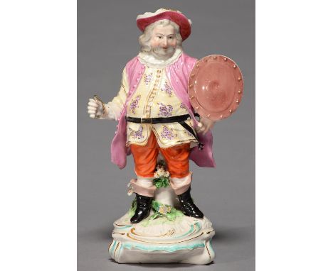 A DERBY FIGURE OF JAMES QUINN IN THE ROLE OF FALSTAFF, C1780, ON TURQUOISE AND GILT SHELL MOUND, 22CM H Lacks sword, small sp