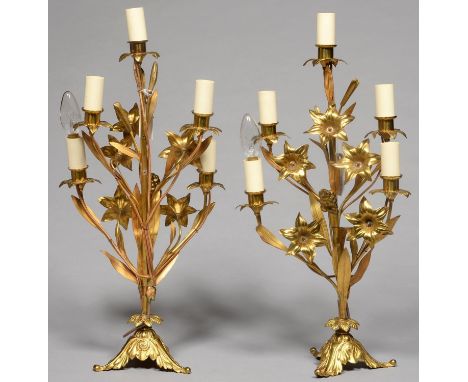 A PAIR OF GILT&nbsp; BRASS LILY FORM CANDELABRA, C1900, OF FIVE LIGHTS ON TRIPLE LEAF FEET, 53CM H Drilled for electricity; s
