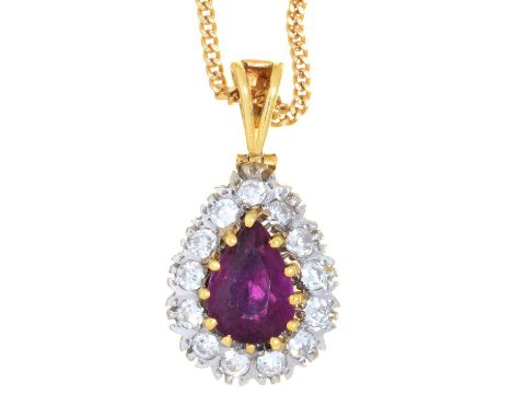 A PEAR SHAPED RUBY AND DIAMOND CLUSTER PENDANT, IN 18CT GOLD, 21MM INCLUDING LOOP, LONDON 1979 AND A GOLD&nbsp; NECKLET MARKE