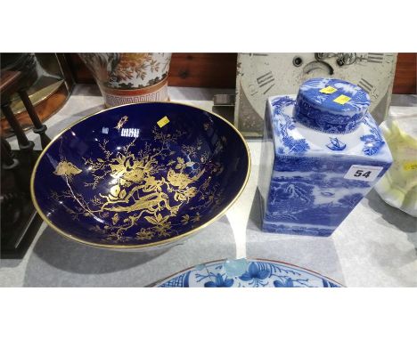 A shallow Coalport fruit bowl and a Ringtons caddy