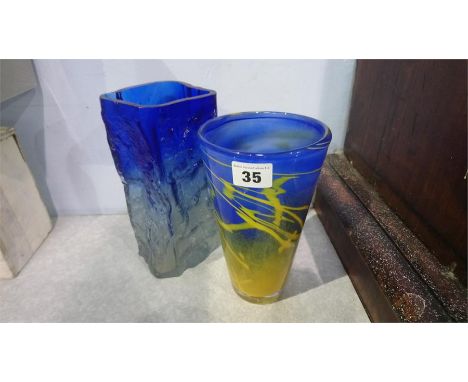 A Whitefriars type blue glass vase and a yellow and blue glass vase