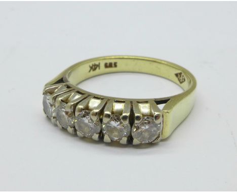 A 14ct gold and five stone diamond ring, approximate diamond weight 0.5 carat, 4.2g, M