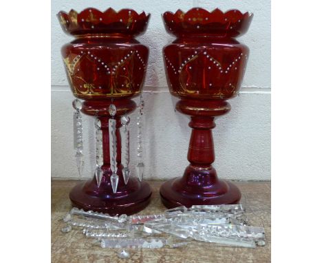 A pair of Victorian ruby glass lustres, 38cm