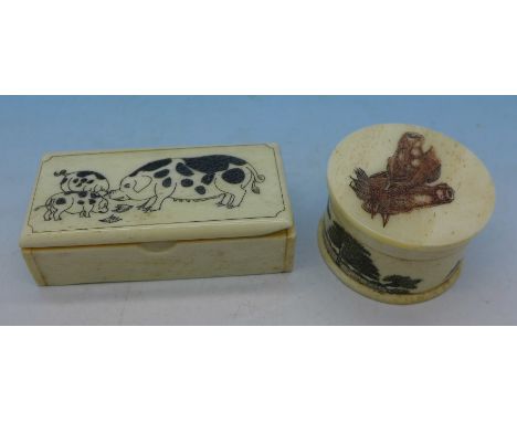 Two carved boxes, snuff box a/f