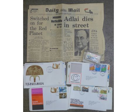 1970's Royal Mail first day covers, automobile collectors cards and a copy of The Daily Mail, 1965