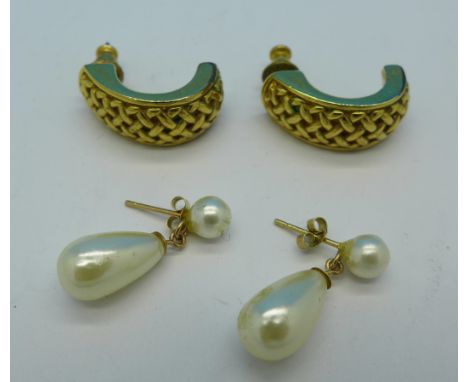 A pair of 9ct gold and pearl earrings and a pair of Christian Dior earrings
