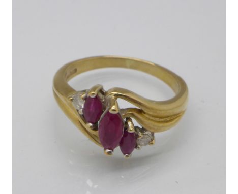 A 9ct gold, ruby and white stone ring, 2.6g, K