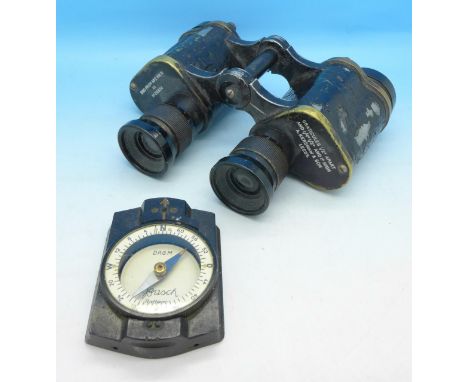 A pair of binoculars, Kershaw & Son, Leeds and a German military compass marked Busch, Rathenow