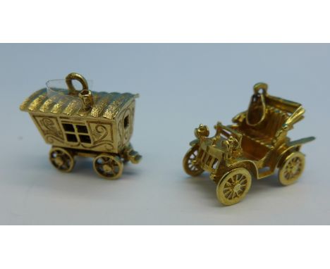 Two hallmarked 9ct gold charms, a vintage car and a caravan, 8.6g